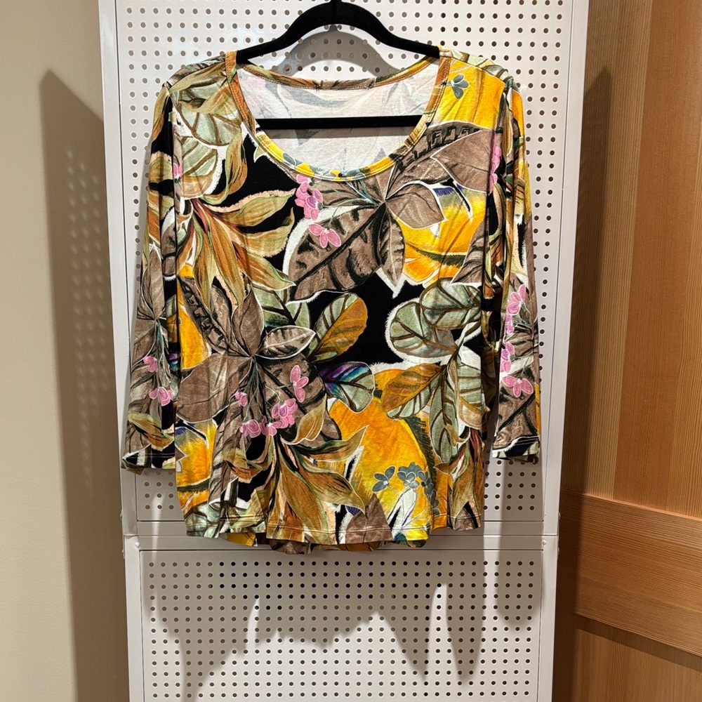 Addition Elle Multicolor Leaf Print Long Sleeve Top
